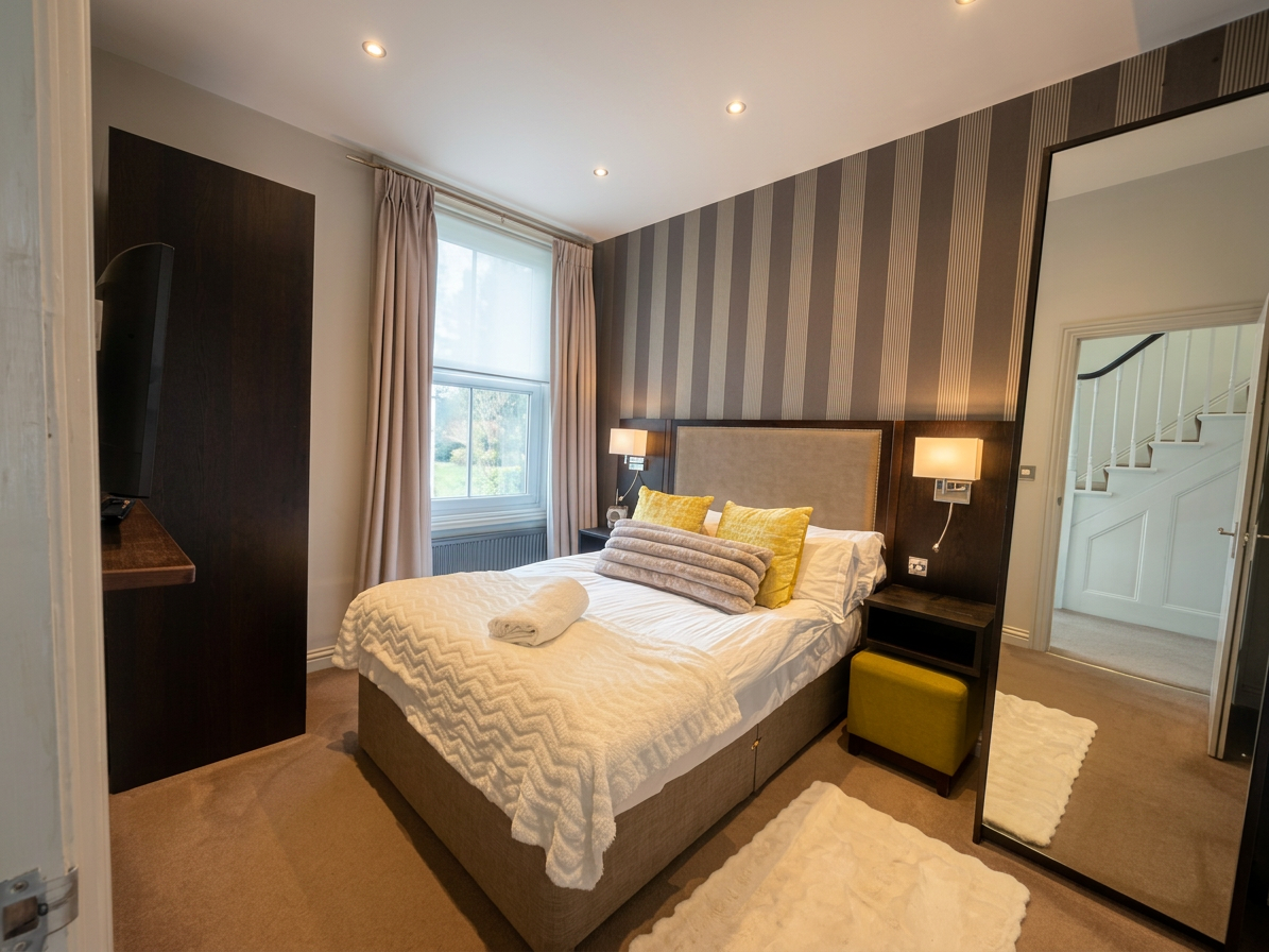 Hastings House bedroom with grey striped wallpaper and mustard accents