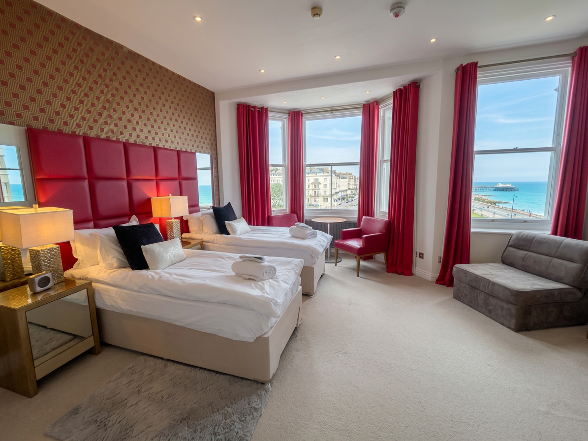 Hastings House twin bedroom with red headboard, red curtains and sea view