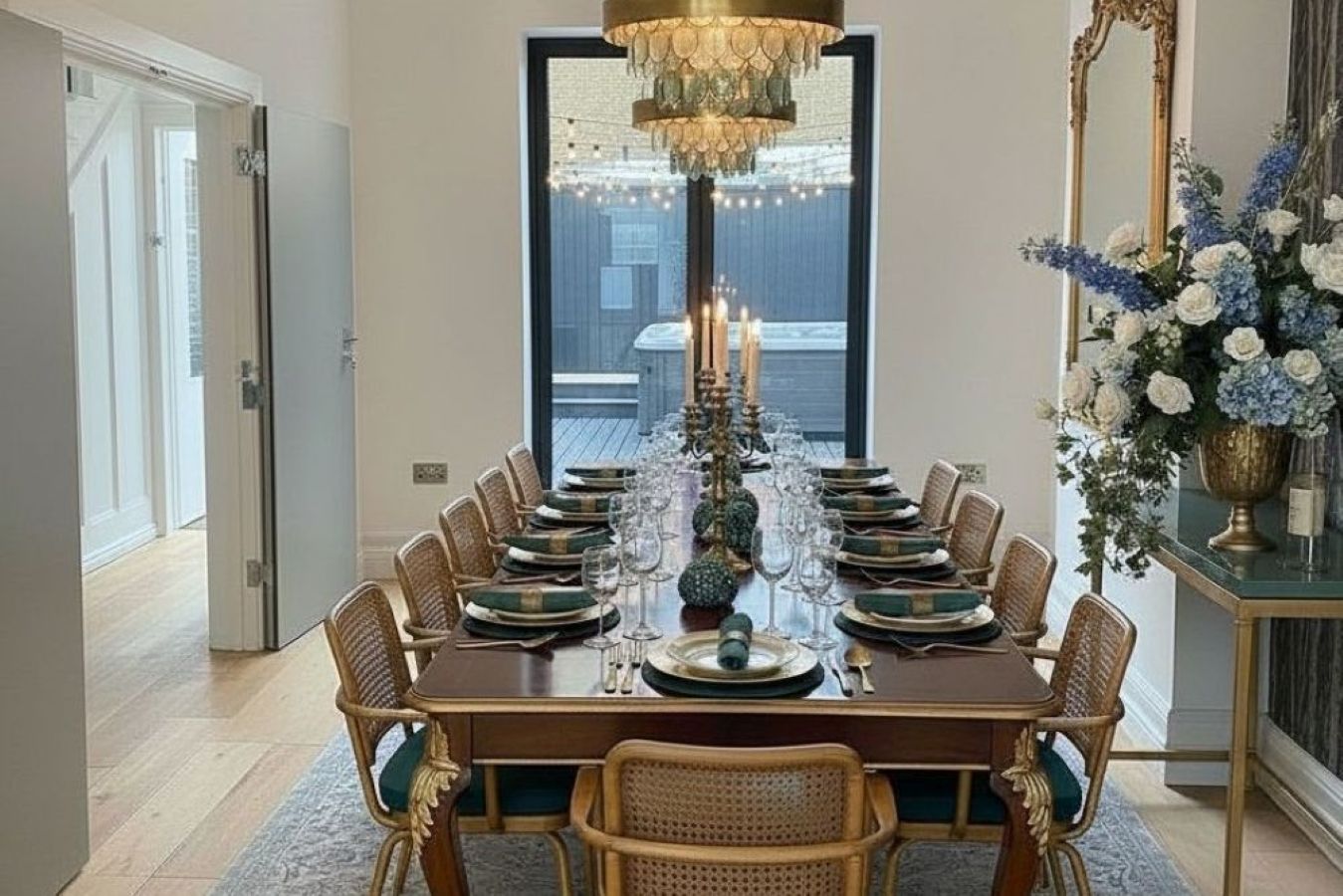 Hastings House dining room with large table set for a celebration