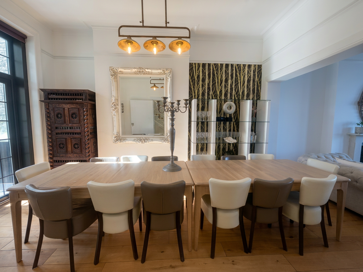 Hastings House dining room with chandelier, antique mirrors and French doors to the garden