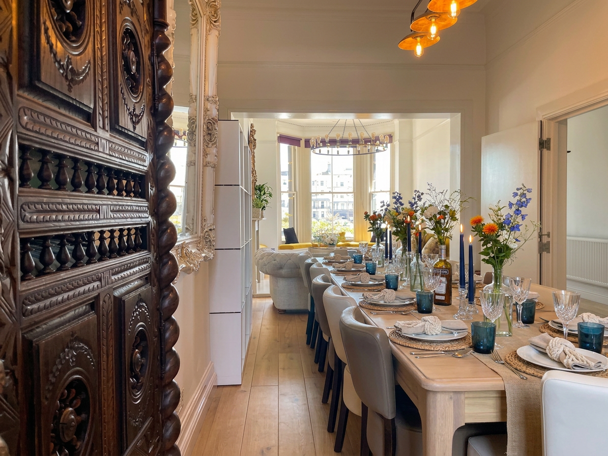 Hastings House dining table dressed for a celebration with flowers and candles, sea view