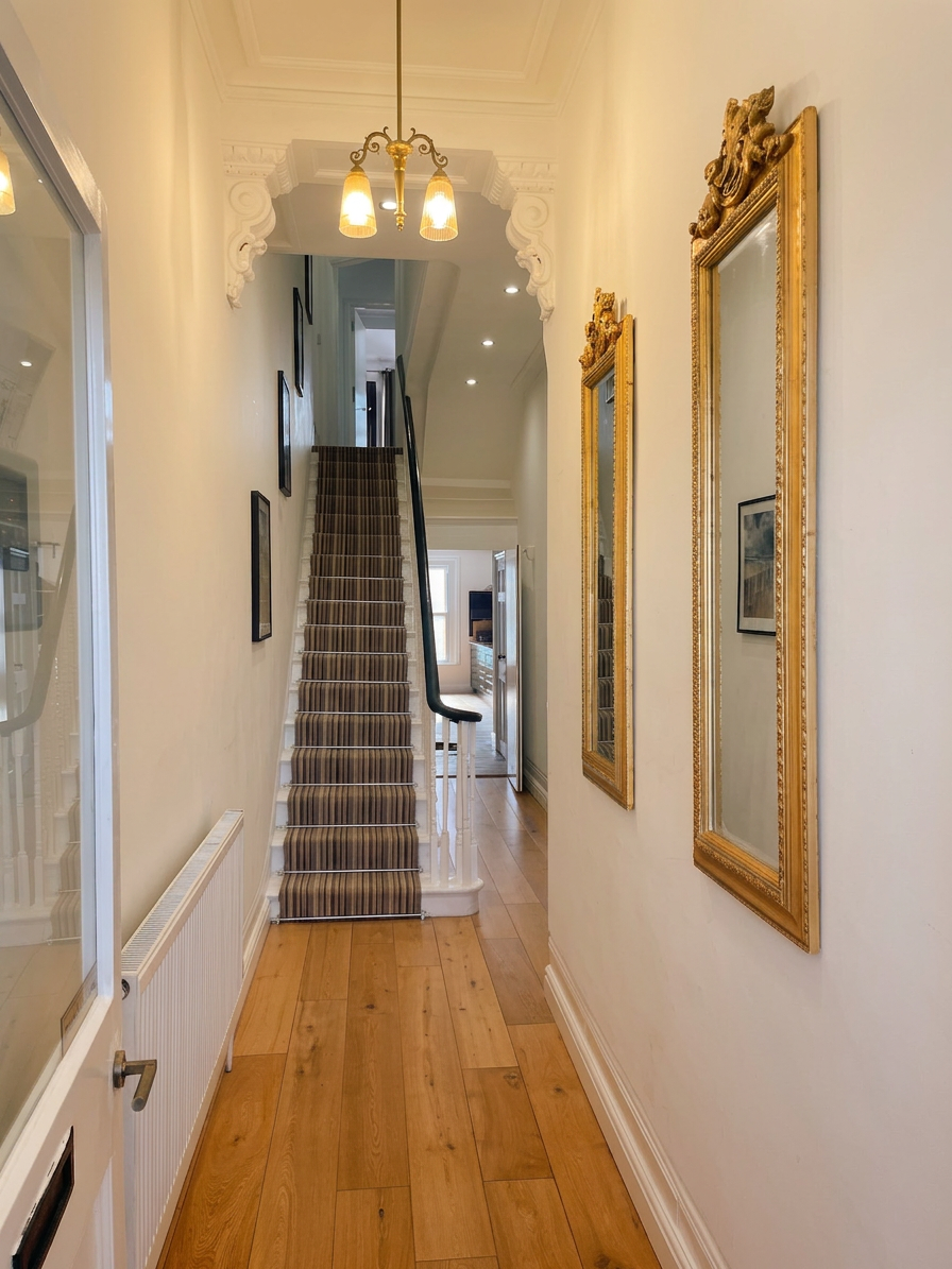 Hastings House entrance hallway with striped stair runner and gilt mirrors