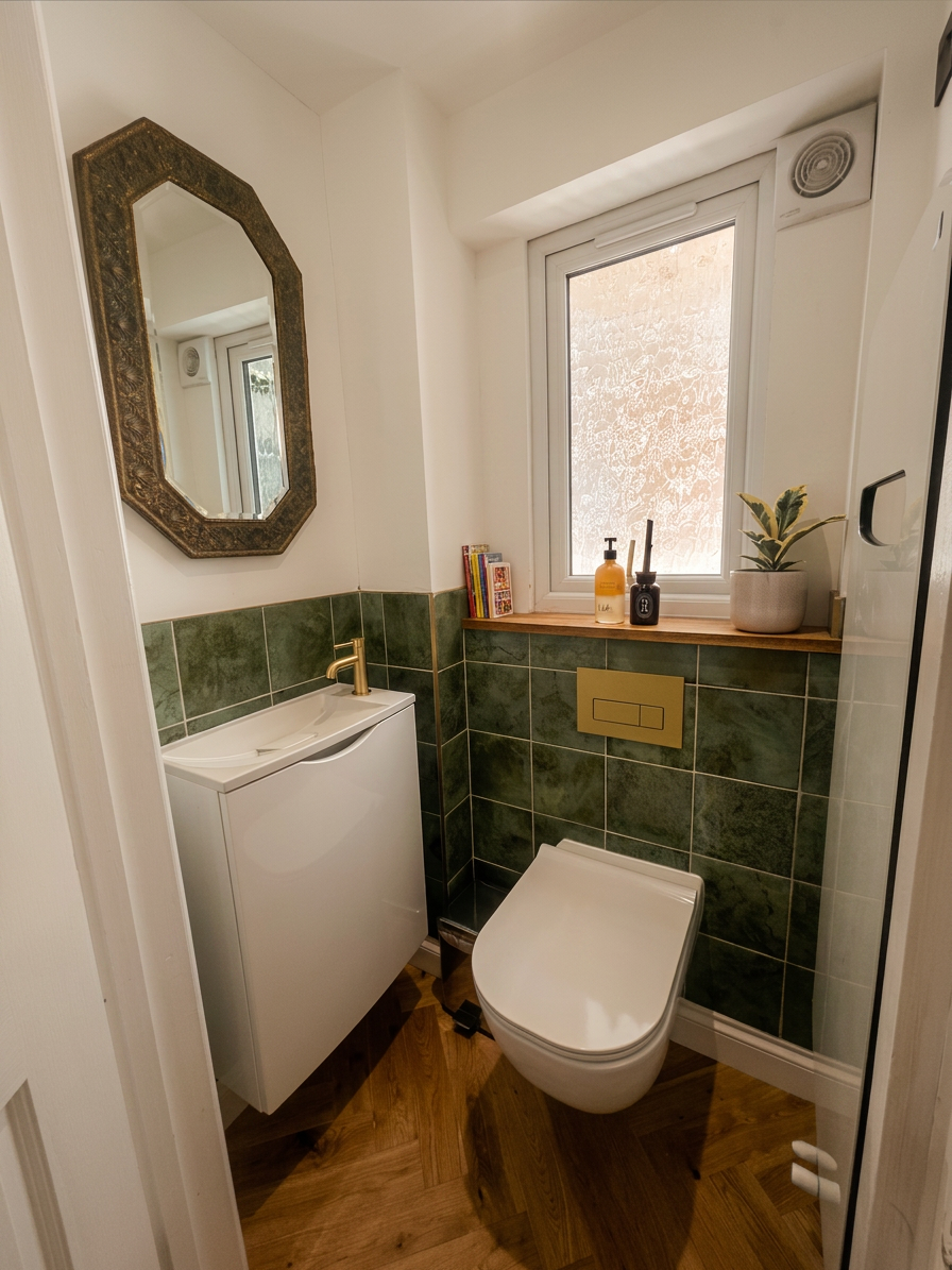 Hastings House ground floor cloakroom with green tiling and brass fittings