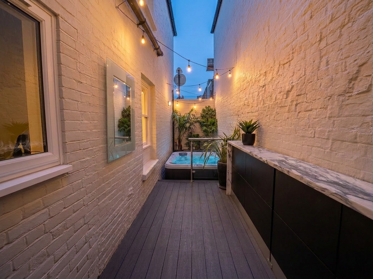 Hastings House courtyard hot tub lit up in the evening