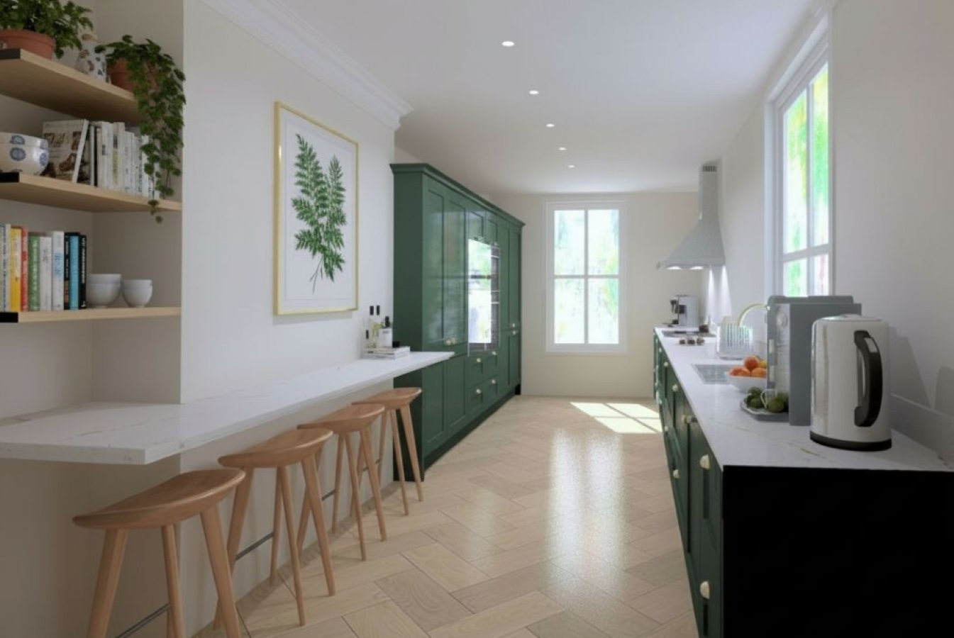 Hastings House green kitchen with breakfast bar
