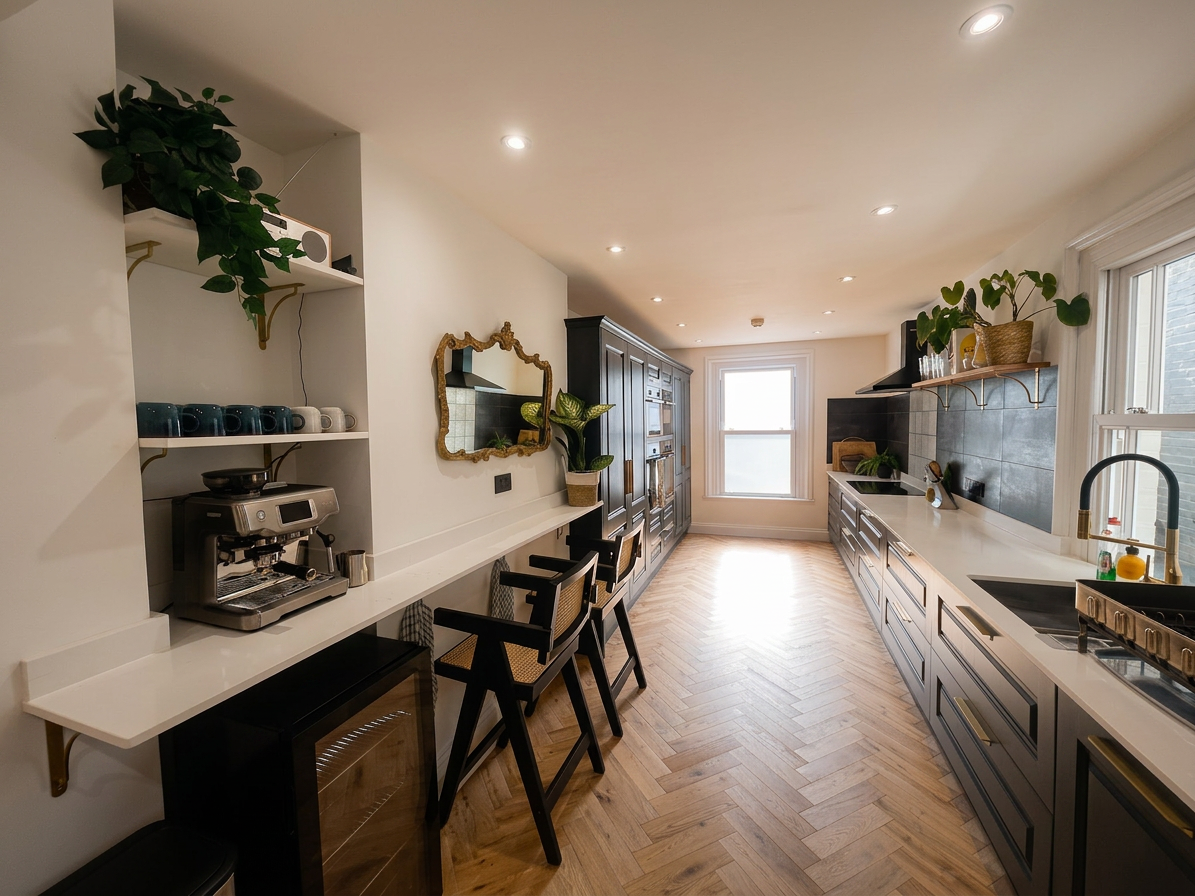 Hastings House kitchen with coffee station, breakfast bar and herringbone floor