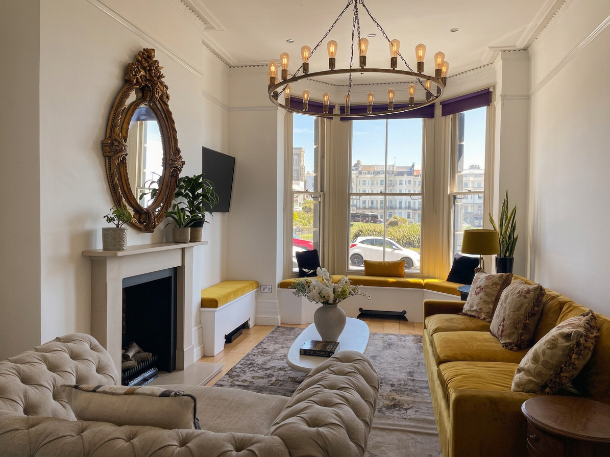 Hastings House lounge with mustard velvet sofas, marble fireplace and sea-view bay window