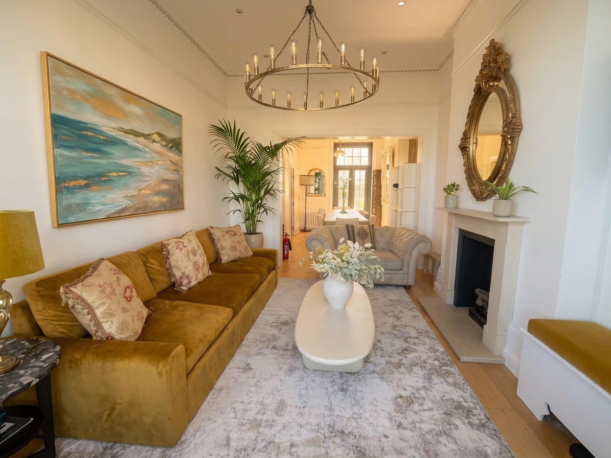 Hastings House lounge looking through to the dining room, gold chandelier and sea-view artwork