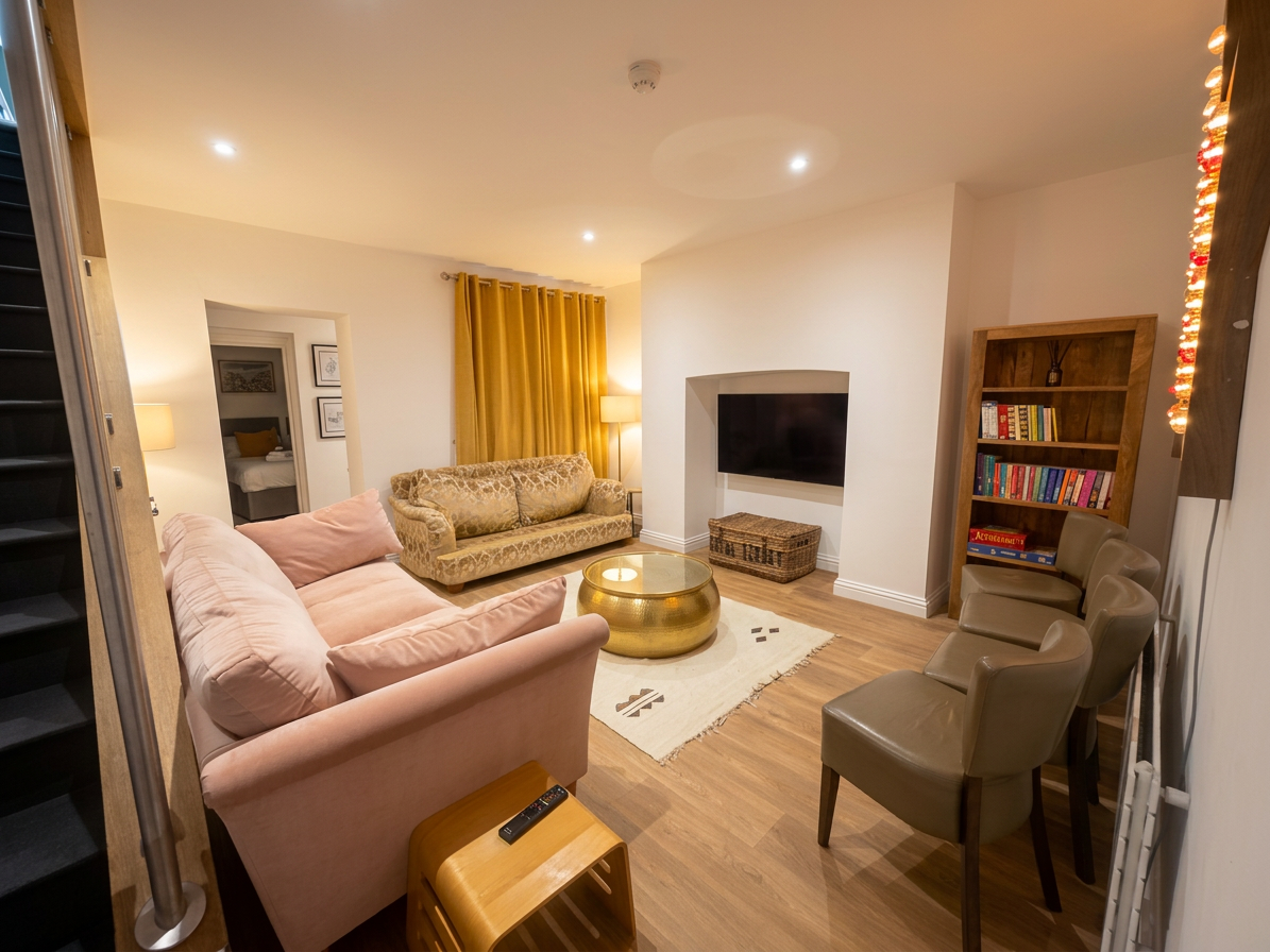 Hastings House snug with pink velvet sofas and bookshelf